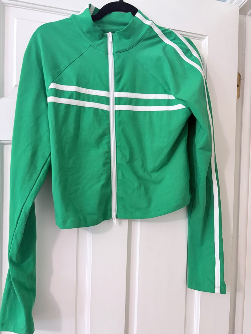 Urban Outfitters Green Zip-Up Cropped Varsity Jacket with White Stripes